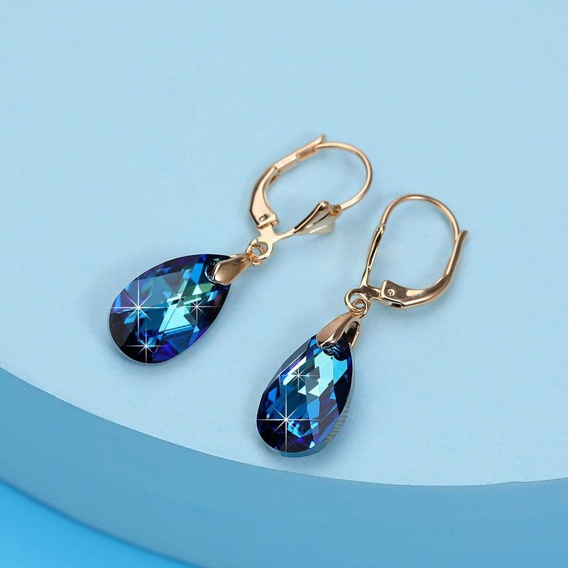 EVEVIC Austrian Crystal Teardrop Leverback Dangle Earrings for Women Fashion 14K Gold Plated Hypoallergenic Jewelry (Bermuda Blue) - Image 5